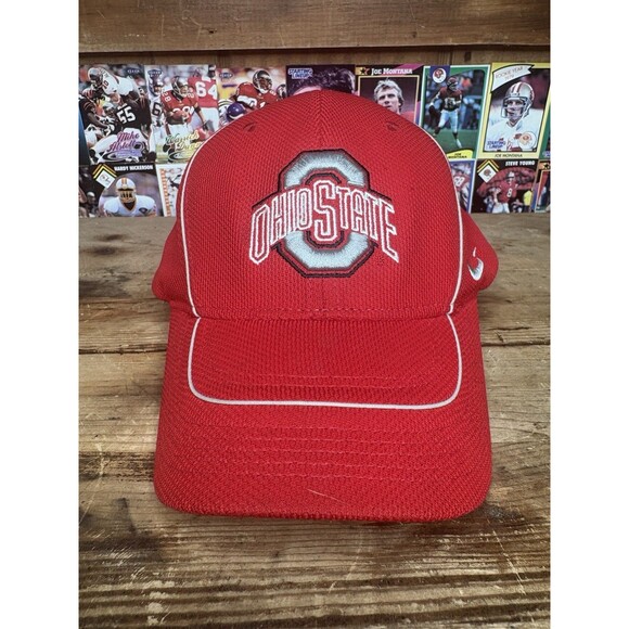 Team Nike Dri Fit Ohio State Buckeyes Hook And Loop Strapback Hat Cap Red VTG - Picture 1 of 6